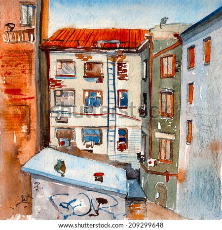 Back yard houses cityscape watercolor pencil painting illustration hand drawn artwork