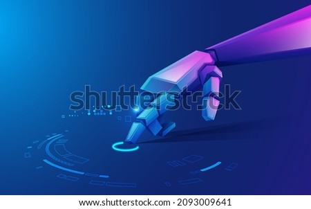 concept of virtual reality technology or artificial intelligence technology, graphic of robot hand using futuristic interface Royalty-Free Stock Photo #2093009641