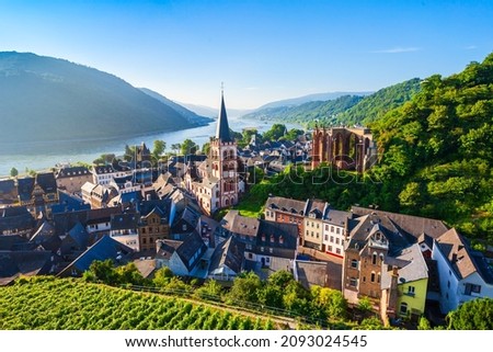 Bacharach aerial panoramic view. Bacharach is a small town in Rhine valley in Rhineland-Palatinate, Germany Royalty-Free Stock Photo #2093024545