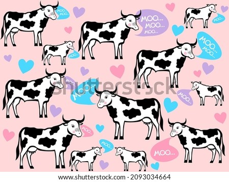 Cute cows. Seamless pattern illustration with cow talking Moo. Baby background for apparel, room decor, tee prints, baby shower, fabric design, wrapping , textile prints, wrapping paper, milk packages