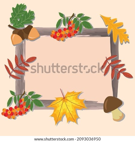 aytumm card with wild with leaves, acorns, mushrooms and rowanberries. Vector layout decorative greeting card or invitation design background. 