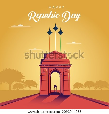 Indian republic Day celebrations with 26th January india 3d text and Ashoka Wheel, try color hand, man running with indian flag, india gate. vector illustration design
 Royalty-Free Stock Photo #2093044288