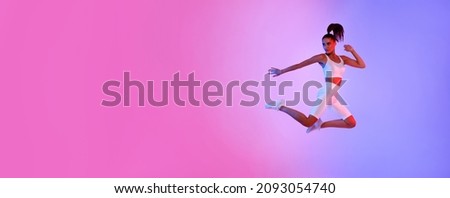 Athletic Lady Jumping Posing In Mid-Air Exercising Wearing White Fitwear Having Fitness Workout Over Neon Pink And Blue Studio Background. Full Length, Panorama With Free Space, Side View Royalty-Free Stock Photo #2093054740