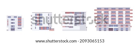 Residential detached building set, towering apartment blocks facade. Industrial urban planning, concrete panels, multi-family home. Vector flat style cartoon illustration, modular floor sections Royalty-Free Stock Photo #2093065153