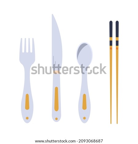 Spoon, fork, knife and chopsticks isolated on white. Set of silverware symbols. Japanese chopsticks hashi. Vector flat icons collection.
