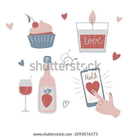 Vector hand-drawn illustration of online dating, virtual love, wine, sweets. Modern valentine's day elements. Design for paper, cover, fabric, interior decor.