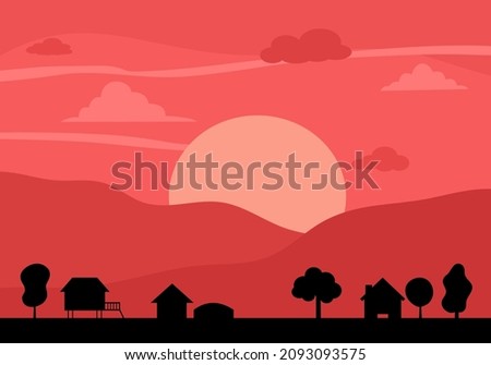 Sunset countryside landscape concept vector illustration. Asian house with trees, mountains and sunset scene in flat design.