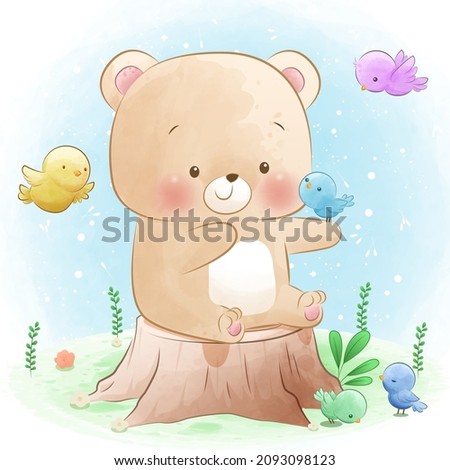Cute little bear playing with birds