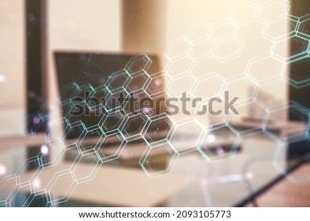 Creative abstract wireless technology hologram with hexagon on modern computer background, artificial intelligence and machine learning concept. Multi exposure