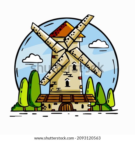 Ancient farm medieval building. Mill for making flour from grain. Farming environment. Agriculture windmill made of bricks. Outline cartoon town