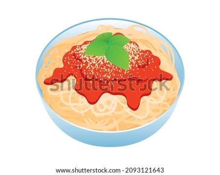 Spaghetti with tomato sauce, cheese and basil leaf illustration. Bowl of spaghetti pasta icon isolated on a white background. Favorite italian food design element