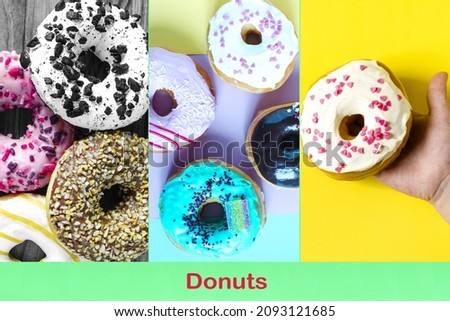 A set of pictures with bright donuts. Bright donuts, with colored glaze, a collage of confectionery