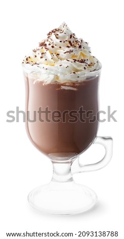 hot cocoa with whipped cream and grated chocolate in glass cup isolated on white background