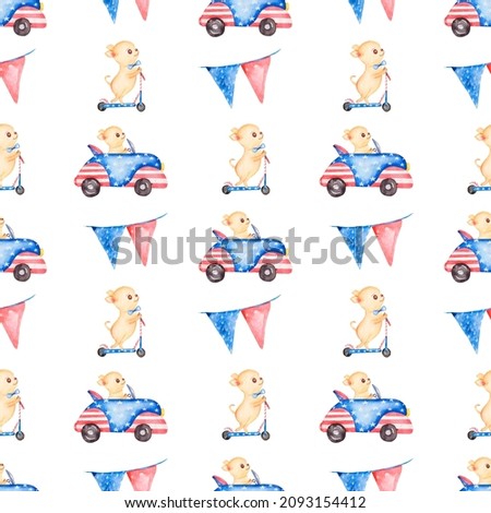 Chihuahua Dog and car seamless pattern, Watercolor hand drawn Cute Transport, flags and domestic animal repeat paper, Kids Party paper, Car print, Fashion Animal .