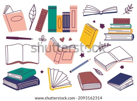 Isolated doodle books. Sketchy book stack, colorful notebook and dictionary. Kids library, read time. Pen and pencil, flat school, university education decent vector tool