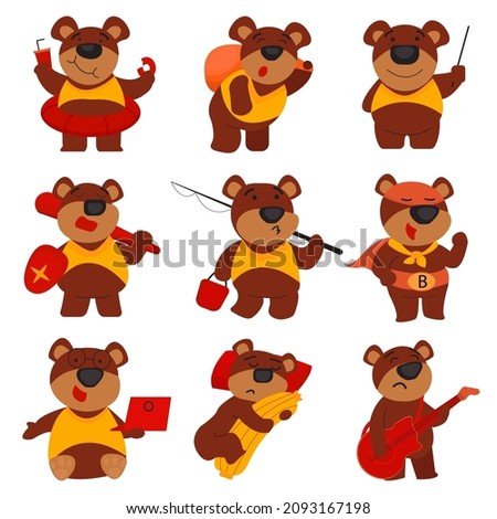 Activity of Bear relaxing on summer day with swimming, fishing, use laptop, play guitar and sleeping in cartoon character, Vector illustration