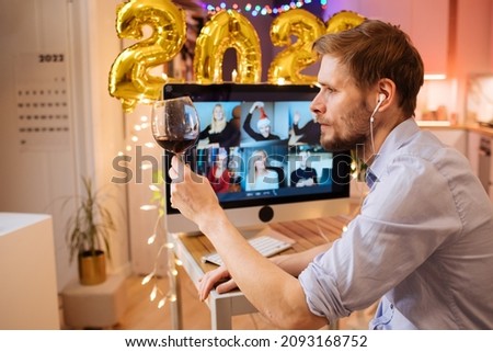 New Year's Eve Video conference party online meeting with friends and family. Christmas party in screen call. Parties during coronavirus quarantine Distance Celebration. Video conferencing happy hour