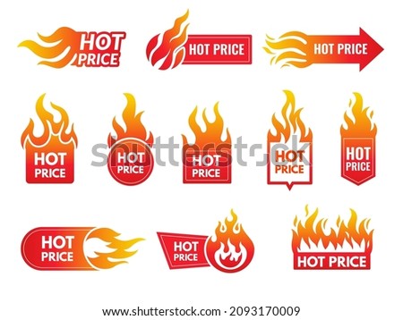 Hot price. Promotional badges with stylized flame shopping sales deals and discount for retailers perfect offers recent vector logo collection Royalty-Free Stock Photo #2093170009