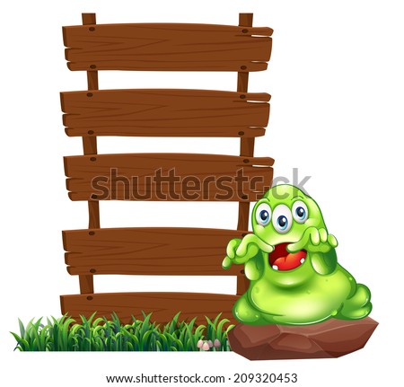 Illustration of a monster above the rock beside the empty wooden signboards on a white background