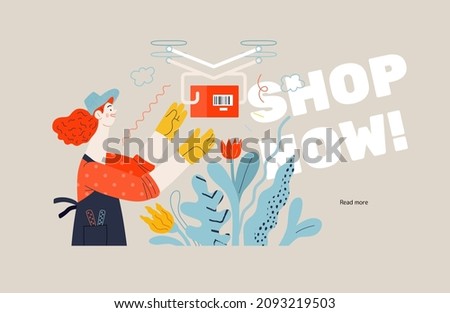 Discounts, sale, promotion -delivery -modern outlined flat vector concept illustration of a woman doing gardening job, wearing apron and gloves receiving an online order shipped with a drone. Shop now