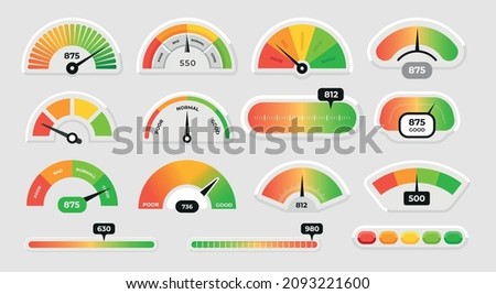 Meter level. Score measure graphic dial with different colors. Speedometer gauge indicator or customer satisfaction metering graph. Progress scale with arrows. Vector infographics set Royalty-Free Stock Photo #2093221600