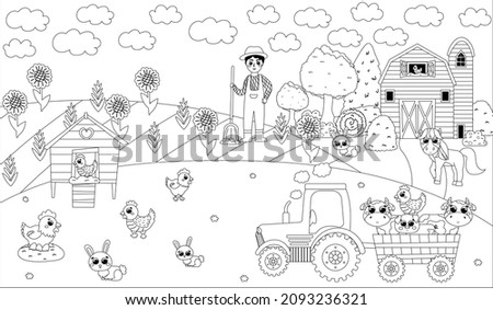 Printable black and white coloring page with farmer boy digging and tractor with animals, barn and henhouse, farming themed puzzle for kids Royalty-Free Stock Photo #2093236321
