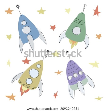 Childish cartoon colorful with hand drawn space ships, rocket and stars.  Trendy kids vector background. All elements isolated on white backdrop.
