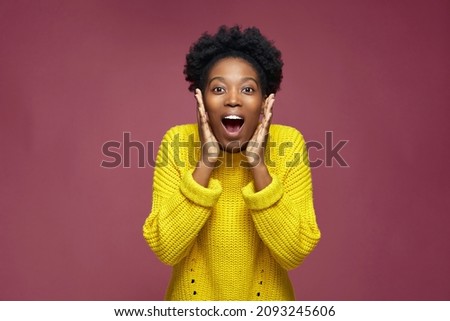 Wow emotion. Excited amazed young african american girl open mouth in astonishment. Incredible online store sale Royalty-Free Stock Photo #2093245606