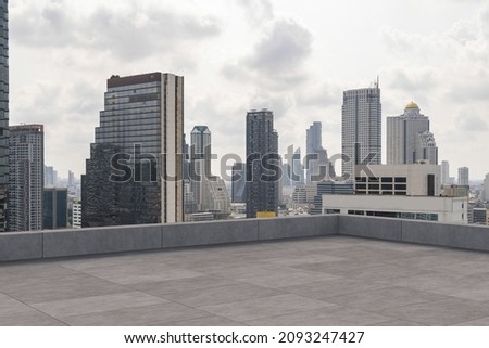 Panoramic Bangkok skyline view, concrete observatory deck on rooftop, daytime. Luxury Asian corporate and residential lifestyle. Financial city downtown, real estate. Product display mockup empty roof Royalty-Free Stock Photo #2093247427