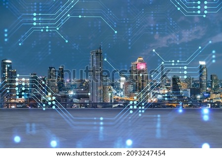 Rooftop with concrete terrace, Bangkok night skyline. Hi tech digital holograms to optimize business process by applying new technologies. City downtown. Double exposure.