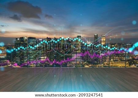 Rooftop with wooden terrace, Singapore night skyline. Forecasting and business modeling of financial markets hologram digital charts. City downtown. Double exposure.
