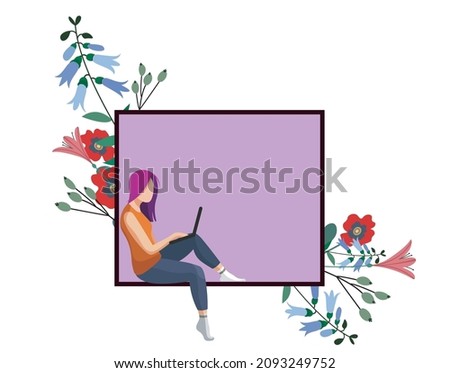 vector illustration of a girl with purple hair at a laptop sitting by the window, surrounded by her bright wildflowers