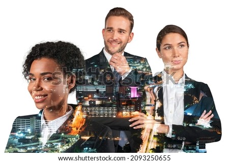 Three dreaming positive business people consultants in suits, crossed arms pose. Asia corporate lifestyle, multinational diverse young professionals. Night Kuala Lumpur city view. Double exposure