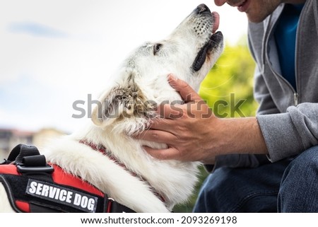 Man with disability with his service dog using electric wheelchair. Royalty-Free Stock Photo #2093269198