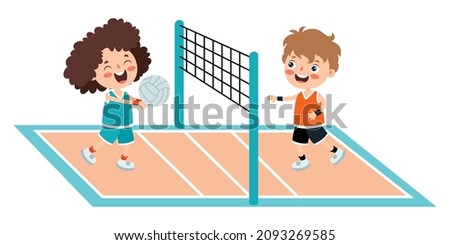 Cartoon Illustration Of A Kid Playing Volleyball