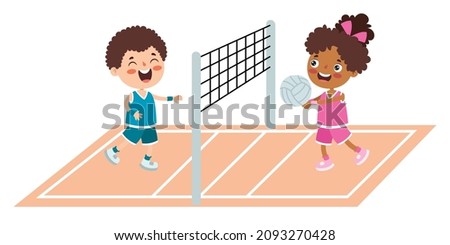 Cartoon Illustration Of A Kid Playing Volleyball