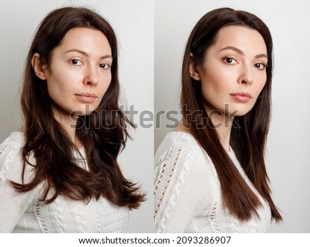 Woman before and after makeup. . The concept of transformation, beauty after applying makeup with a makeup artist. Result without retouching Royalty-Free Stock Photo #2093286907