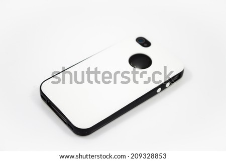 Smartphone with white case isolated on white background, stock photo