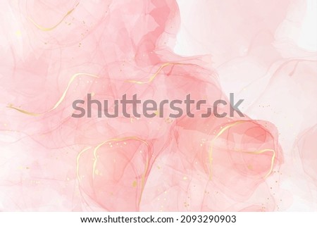 Rose pink liquid watercolor background with golden dots. Dusty blush marble alcohol ink drawing effect. Vector illustration design template for wedding invitation, menu, rsvp. Royalty-Free Stock Photo #2093290903