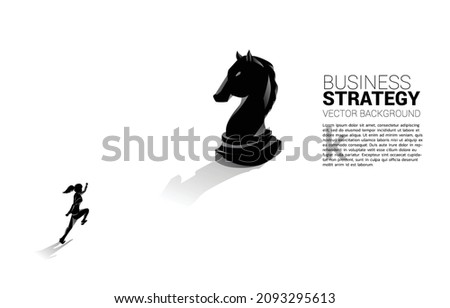 businesswoman running to knight chess piece 3D silhouette vector. icon for business planning and strategy thinking