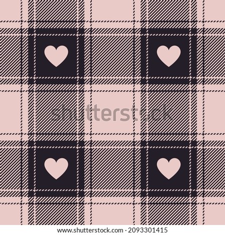 Buffalo check plaid pattern for Valentine Day with hearts in powder pink, black, white. Seamless stitched tartan for flannel shirt, scarf, blanket, duvet, other spring autumn winter fabric design.