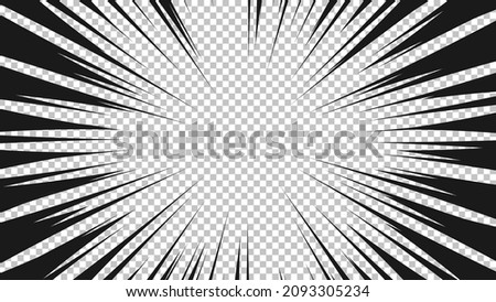 Comic book page with black lines isolated on transparent background. Template with flash explosion rays effect texture. Vector illustration