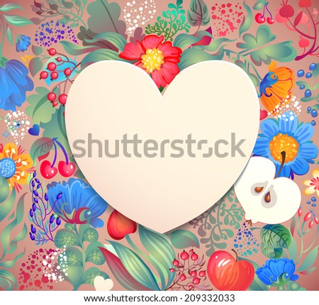 Floral fruit and berry elegance frame Art heart shape for your design