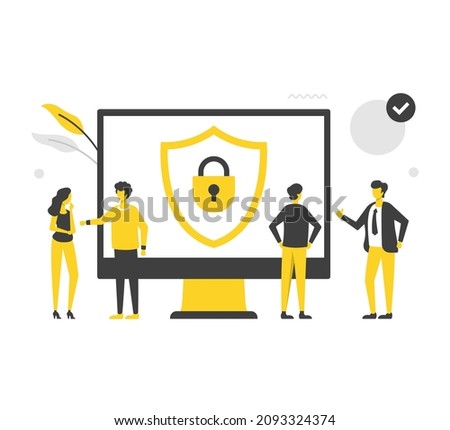 Computer security. Flat vector illustration. People and computer with shield and lock on screen. Computer security, data protection, password, privacy. Modern concepts. Flat design