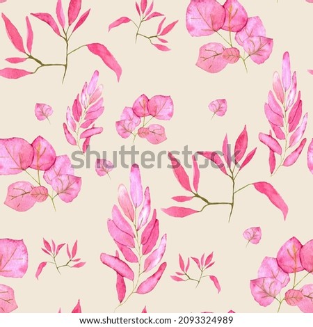 Watercolor pattern from pink leaf's 
beige background