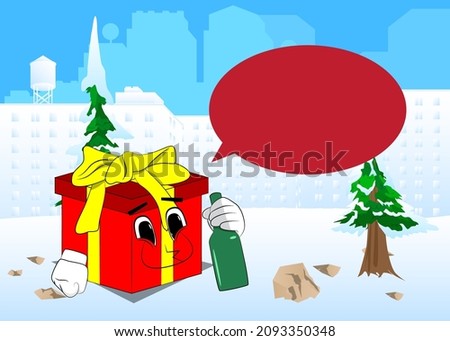 Gift Box with holding a bottle as a cartoon character. Holiday, Celebration surprise with happy face emotion.