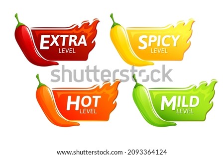 Spicy level hot chili red pepper, cayenne, jalapeno icons with fire flames. Vector spicy food level emblems collection, extra, spicy, hot and mild strength of sauce or snack food isolated set Royalty-Free Stock Photo #2093364124