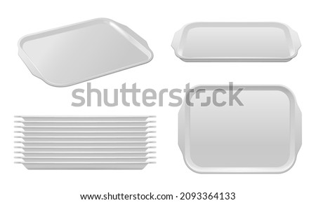 Isolated food plastic tray vector mockup of white blank fast food trays with handles. Pile of empty realistic containers, plate or rectangle platter for meal serving, canteen or restaurant trays Royalty-Free Stock Photo #2093364133
