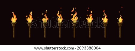 Cartoon pixelated torch fire flame animation of 8 bit pixel art game. Vector effect of burning torchlight sprite frames of retro video game ui with bright yellow fire flames and flying red sparks