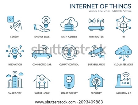 Internet of things icons, such as smart city, artificial intelligence, climate control and more. Vector illustration isolated on white. Editable stroke. Change to any size and any colour.